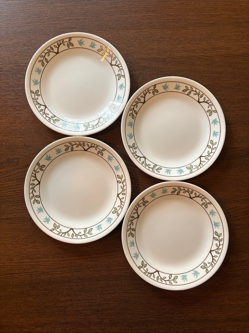 Classic Leaf and Bird Ceramic Salad Plates - Set of 4 (White with Teal & Green)